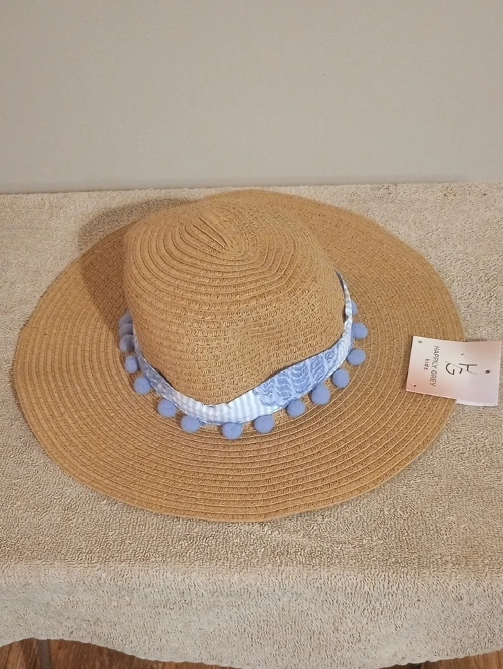 Kids Spring Infants Straw Sun Hat with Blue Pom-Pom Trim 18 months